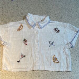 White Button Down Shirt with Whimsical Embroidery